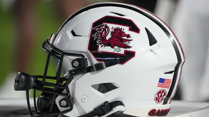 Sep 20, 2025; Columbia, Missouri, USA; A general view of a South Carolina Gamecocks helmet against the Missouri Tigers during the second half of the game at Faurot Field at Memorial Stadium. Mandatory Credit: Denny Medley-Imagn Images