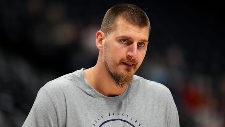 Nov 5, 2025; Denver, Colorado, USA; Denver Nuggets center Nikola Jokic (15) before game against the Miami Heat at Ball Arena. Mandatory Credit: Ron Chenoy-Imagn Images