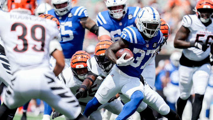 Indianapolis Colts running back Ulysses Bentley IV (37) rushes for a touchdown Saturday, Aug. 23, 2025, during a game against the Cincinnati Bengals at Paycor Stadium in Cincinnati. Indianapolis Colts running back Ulysses Bentley IV (37) rushes for a touchdown Saturday, Aug. 23, 2025, during a game against the Cincinnati Bengals at Paycor Stadium in Cincinnati.