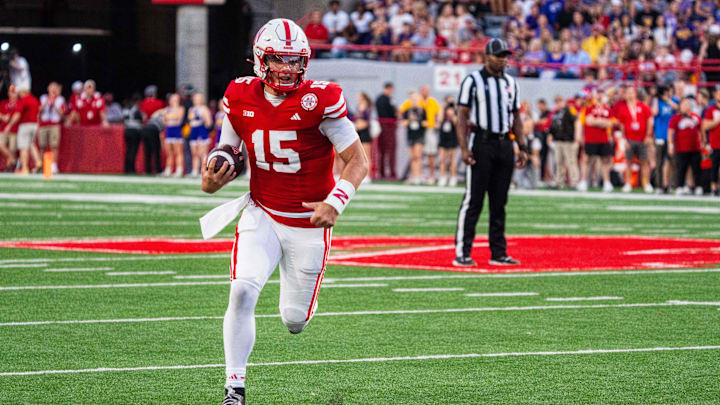 Sep 14, 2024; Lincoln, Nebraska, USA; Nebraska Cornhuskers quarterback Dylan Raiola (15) runs against the Northern Iowa Panthers during the second quarter at Memorial Stadium. 