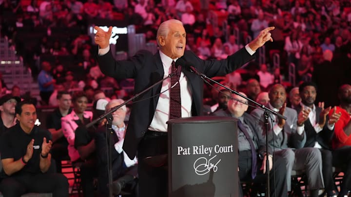 Oct 23, 2024; Miami, Florida, USA;  Miami Heat president Pat Riley addresses the crowd during the Pat Riley Court dedication ceremony at halftime at Kaseya Center. Mandatory Credit: Jim Rassol-Imagn Images