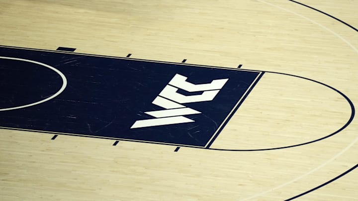 The West Coast Conference (WCC) logo on the court  at McCarthey Athletic Center