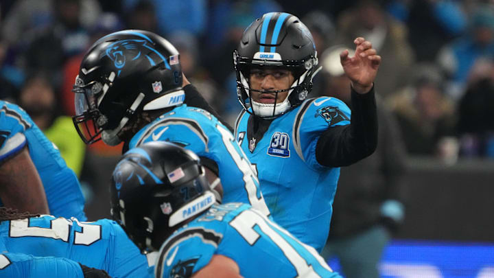 Nov 10, 2024; Munich, Germany; Carolina Panthers quarterback Bryce Young (9) gestures against the New York Giants in the second half during the 2024 NFL Munich Game at Allianz Arena.