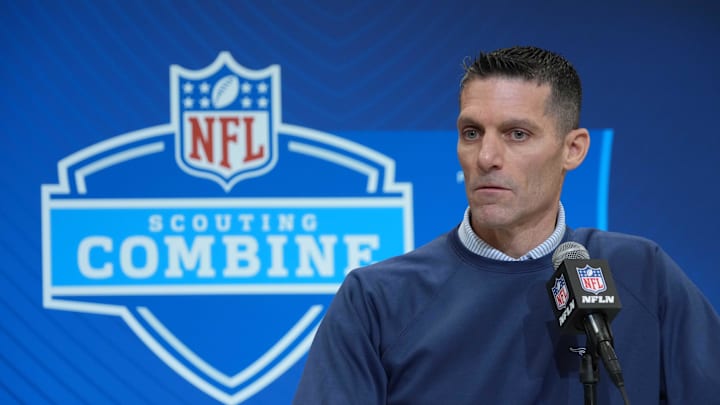 Feb 27, 2025; Indianapolis, IN, USA; Houston Texans general manager Nick Caserio speaks during the 2025 NFL Scouting Combine at the Indiana Convention Center. Mandatory Credit: Kirby Lee-Imagn Images