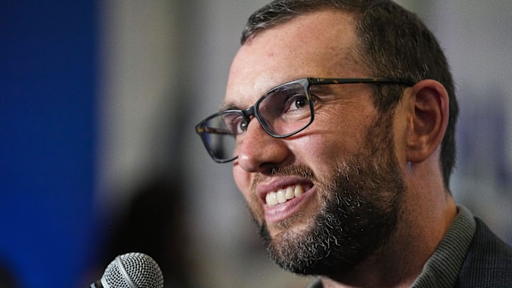 Former Colts quarterback Andrew Luck is interviewed Friday, April 12, 2024, during the Chuckstrong Tailgate Gala at the Colts Practice Facility in Indianapolis.