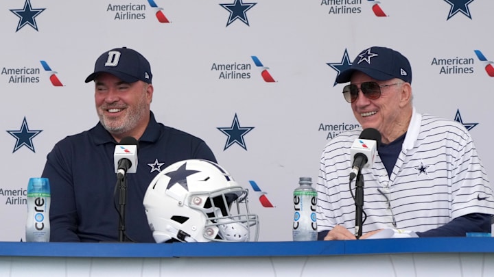 Dallas Cowboys coach Mike McCarthy and owner Jerry Jones at training camp press conference.