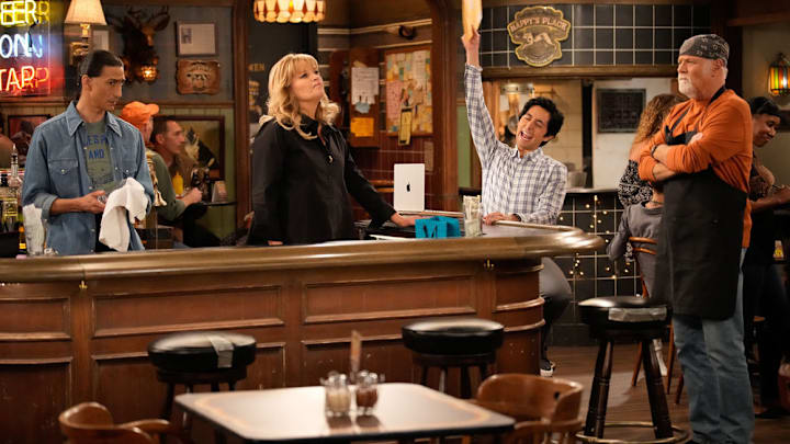 HAPPY'S PLACE -- "The Macallister Girls" Episode 110 -- Pictured: (l-r) Tokala Black Elk as Takoda, Melissa Peterman as Gabby, Pablo Castelblanco as Steve, Rex Linn as Emmett 
