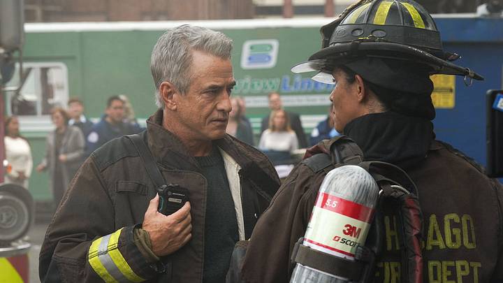 CHICAGO FIRE -- "New Blood" Episode 1501 -- Pictured: (l-r) Dermot Mulroney as Dom Pascal, Miranda Rae Mayo as Stella Kidd 