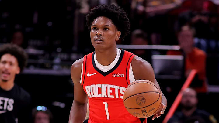 Oct 27, 2025; Houston, Texas, USA; Houston Rockets guard Amen Thompson (1) handles the ball against the Brooklyn Nets during the first quarter at Toyota Center. Mandatory Credit: Erik Williams-Imagn Images
Oct 27, 2025; Houston, Texas, USA; Houston Rockets guard Amen Thompson (1) handles the ball against the Brooklyn Nets during the first quarter at Toyota Center. Mandatory Credit: Erik Williams-Imagn Images