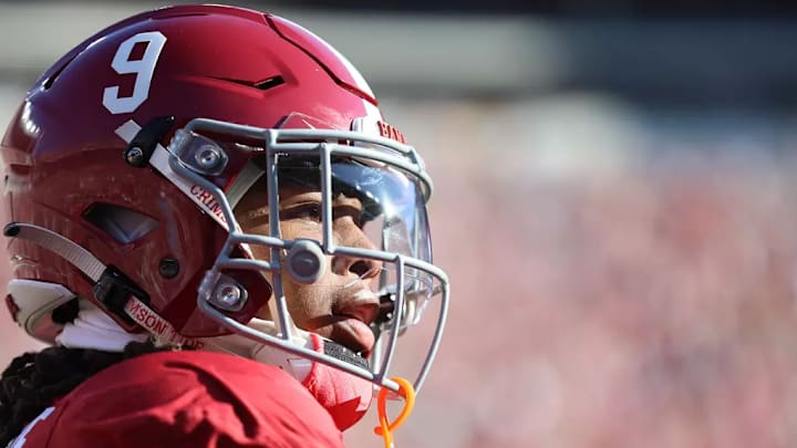 Alabama Defensive Back Jaylen Mbakwe (9) during warm ups against Auburn at Bryant-Denny Stadium in Tuscaloosa, AL on Saturday, Nov 30, 2024.