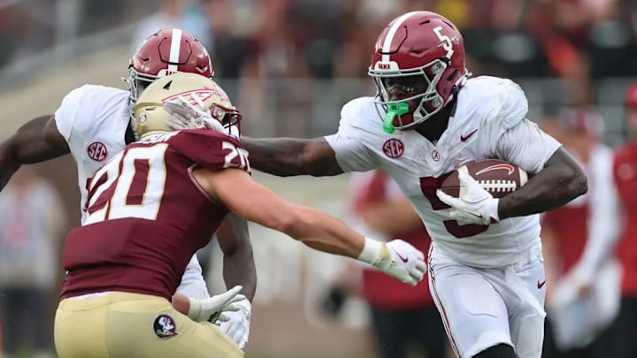 Alabama Wide Receiver Germie Bernard (5) carries the ball against Florida State University at Doak Campbell Stadium in Tallahassee, FL on Saturday, Aug 30, 2025.