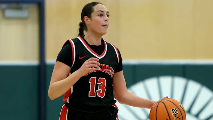 Folsom senior Ava Rawlins brings the ball up court during a game with Pinewood at the 2025 Sabrina Ionescu Classic at De La Salle High School. Folsom beat Pinewood 66-50.