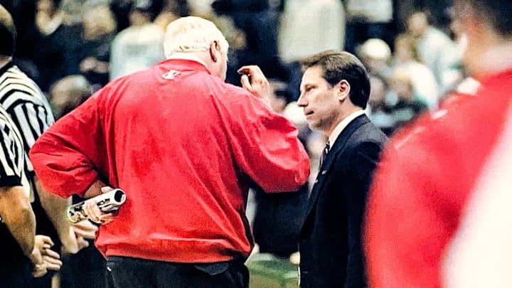 Indiana coach Bob Knight and Michigan State coach Tom Izzo talk during a game in 1998 at the Breslin Center.