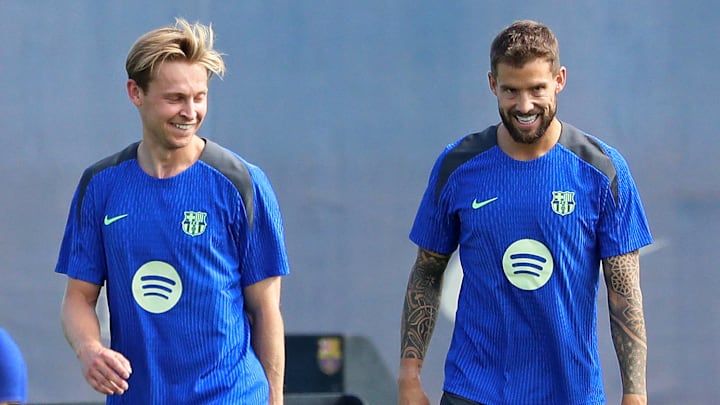 Frenkie de Jong (left) could see his first start for Barcelona since April, with Iñigo Martínez (right) commanding the defense.