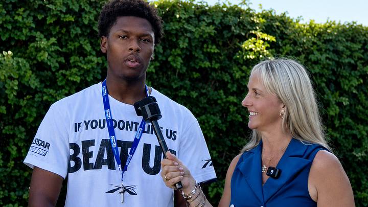 City Honors high football player Alijah Kinniebrew speaks with Deb Whitcas at the Los Angeles Rams Pathways to Success at the team’s training camp last week. City Honors high football player Alijah Kinniebrew speaks with Deb Whitcas at the Los Angeles Rams Pathways to Success at the team’s training camp last week.