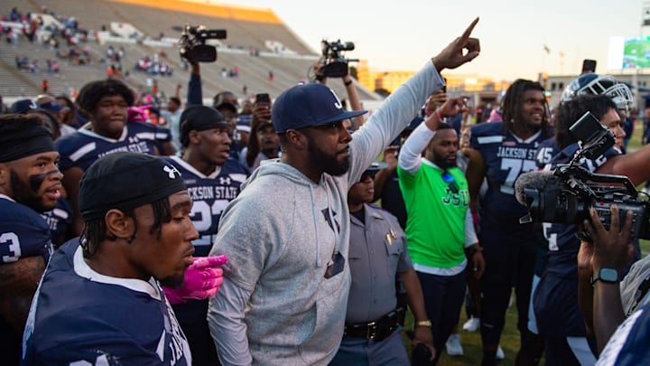 Jackson State Tigers' head coach T.C. Taylor celebrates winning the game against the Florida A&M Rattlers in Jackson, Miss., on Saturday, Oct. 19, 2024.