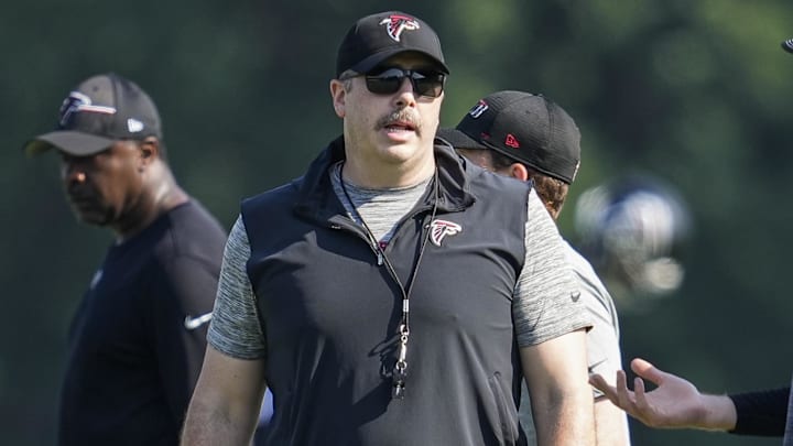 Jul 27, 2023; Flowery Branch, GA, USA; Atlanta Falcons head coach Arthur Smith on the field during