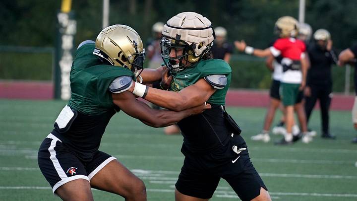 Junior Elijah Guertin working on defensive drills during the Hendricken Hawks football team practice on Aug 19, 2025. [Kris Craig/The Providence Journal]