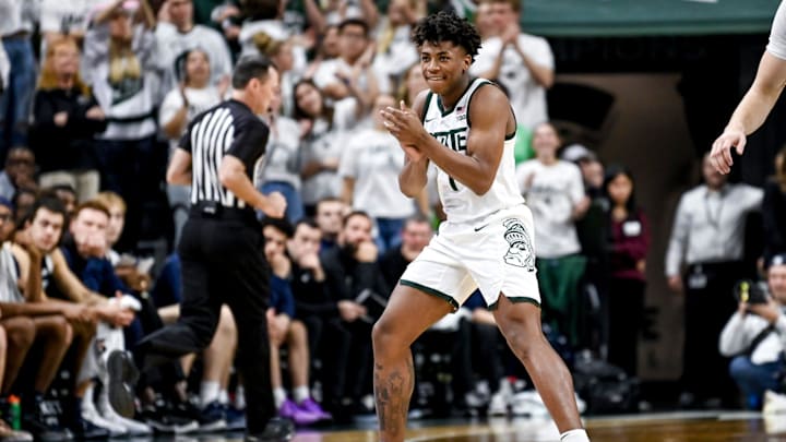 Michigan State's Jeremy Fears Jr. celebrates after making a 3-pointer against Butler during the