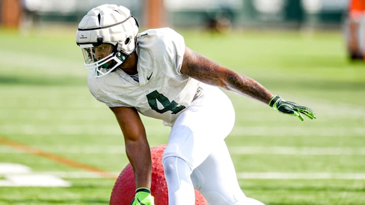 Michigan State linebacker Jacoby Windmon runs a drill during football practice on Wednesday, Aug. 9, 2023, in East Lansing.