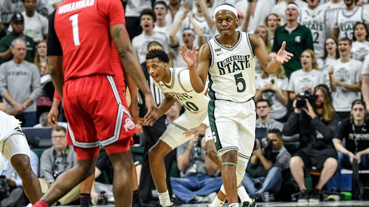 Michigan State's Cassius Winston celebrates during the second half on Sunday, March 8, 2020, at the Breslin Center in East Lansing.

200308 Msu Osu 147a