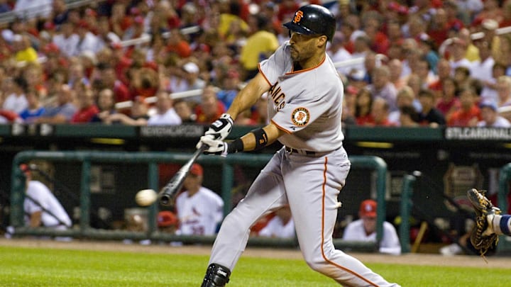 June 29, 2009; St, Louis, MO, USA; San Francisco Giants left fielder Randy Winn (2) drives in a run on a fielders choice in the seventh inning against the St. Louis Cardinals at Busch Stadium. San Francisco defeated St. Louis 10-0. 