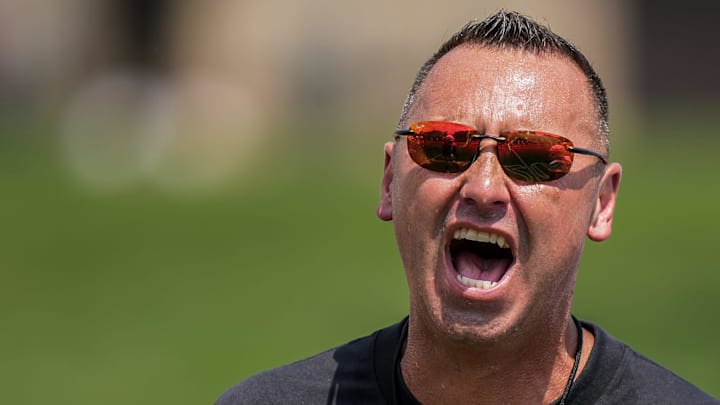 Texas Longhorns Head football coach Steve Sarkisian during the sixth day in full pads during fall football camp practice for the Texas Longhorns at Denius Fields on Tuesday, August 6, 2024.