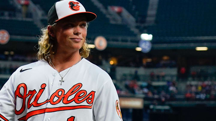 Jul 27, 2022; Baltimore, Maryland, USA; Baltimore Orioles number one draft pick Jackson Holliday