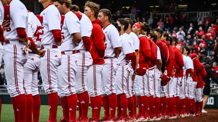 The Huskers stand for the National Anthem prior to their first game of the Big Ten Tournament. The Huskers stand for the National Anthem prior to their first game of the Big Ten Tournament.