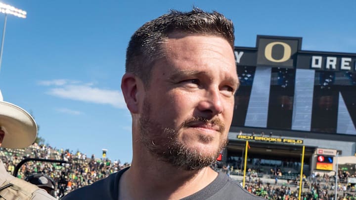 Oregon Ducks head coach Dan Lanning walks off the field as the Oregon Ducks host the Oregon State Beavers Sept. 20, 2025, at Autzen Stadium in Eugene, Oregon.