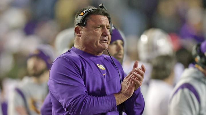 Nov 27, 2021; Baton Rouge, Louisiana, USA;  LSU Tigers head coach Ed Orgeron looks on during the second half against the Texas A&M Aggies at Tiger Stadium. Mandatory Credit: Stephen Lew-Imagn Images