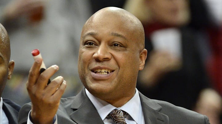 Nov 15, 2013; Louisville, KY, USA; Cornell Big Red head coach Bill Courtney reacts during the first half against the Louisville Cardinals at the KFC Yum! Center. Louisville defeated Cornell 99-54.  Mandatory Credit: Jamie Rhodes-Imagn Images