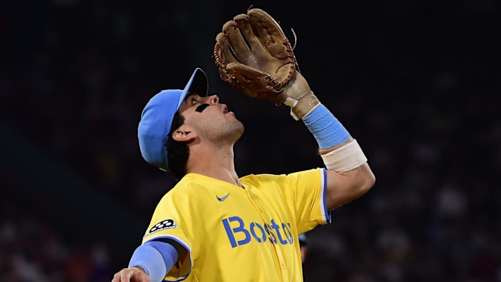 Jun 14, 2025; Boston, Massachusetts, USA;  Boston Red Sox third baseman Marcelo Mayer (39) tracks a pop fly during the fifth inning against the New York Yankees at Fenway Park. Mandatory Credit: Bob DeChiara-Imagn Images