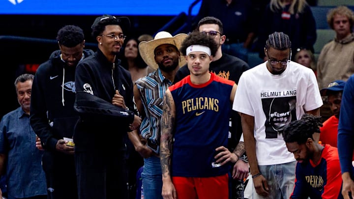 Apr 11, 2025; New Orleans, Louisiana, USA;  New Orleans Pelicans bench reacts to a play against the Miami Heat during the first half at Smoothie King Center. Mandatory Credit: Stephen Lew-Imagn Images