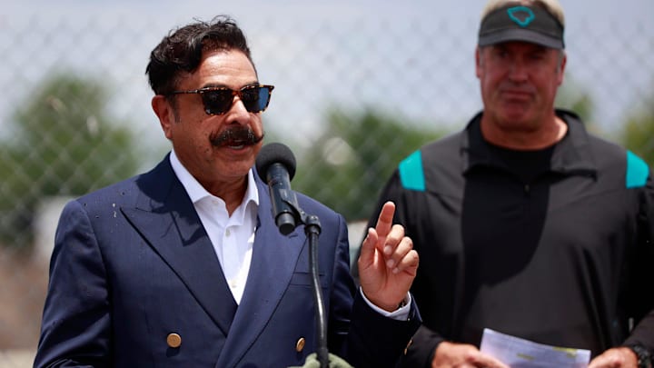 Jacksonville Jaguars owner Shad Khan speaks as Head Coach Doug Pederson listens in as the business bearing the name on the new practice facility, Miller Electric Center, is announced during a media conference after a minicamp football practice Monday, June 13, 2022 at TIAA Bank Field in Jacksonville. Jacksonville Jaguars owner Shad Khan speaks as Head Coach Doug Pederson listens in as the business bearing the name on the new practice facility, Miller Electric Center, is announced during a media conference after a minicamp football practice Monday, June 13, 2022 at TIAA Bank Field in Jacksonville.