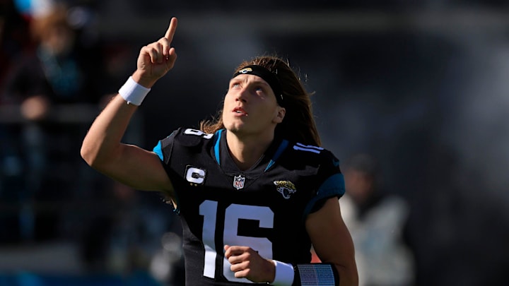 Jacksonville Jaguars quarterback Trevor Lawrence (16) takes to the field pointing skyward during the first quarter of a regular season NFL football matchup Sunday, Dec. 18, 2022 at TIAA Bank Field in Jacksonville. The Jacksonville Jaguars edged the Dallas Cowboys 40-34 in overtime. [Corey Perrine/Florida Times-Union]

Jki 121822 Cowboys Jags Cp 107