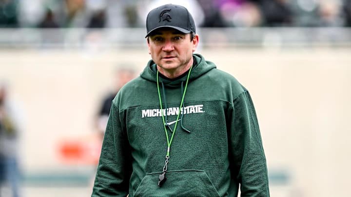 Michigan State's head coach Jonathan Smith walks to the sideline during the Spring Showcase on Saturday, April 20, 2024, at Spartan Stadium in East Lansing.