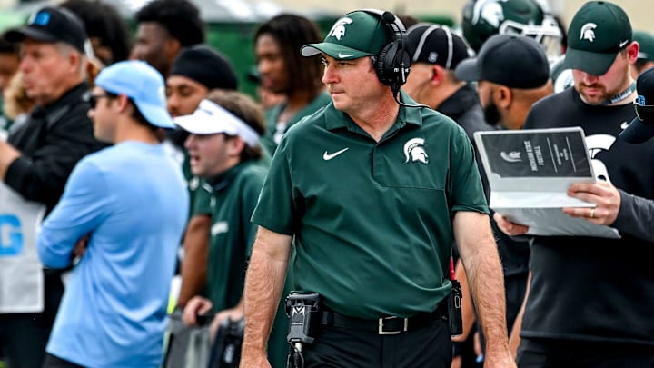 Michigan State's head coach Jonathan Smith looks on from the sideline during the second quarter in the game against Youngstown State on Saturday, Sept. 13, 2025, at Spartan Stadium in East Lansing.