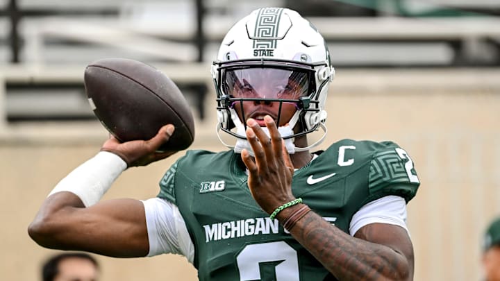Michigan State's Aidan Chiles warms up before the football game against UCLA on Saturday, Oct. 11, 2025, at Spartan Stadium in East Lansing.