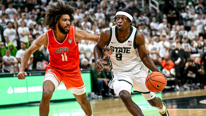 Michigan State's Trey Fort, right, moves the ball as Bowling Green's Javon Ruffin defends during the second half on Thursday, Oct. 23, 2025, at the Breslin Center in East Lansing. Michigan State's Trey Fort, right, moves the ball as Bowling Green's Javon Ruffin defends during the second half on Thursday, Oct. 23, 2025, at the Breslin Center in East Lansing.
