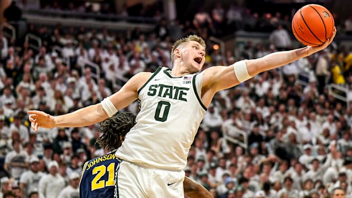 Michigan State's Jaxon Kohler grabs a rebound against Michigan during the first half on Friday, Jan. 30, 2026, at the Breslin Center in East Lansing. Michigan State's Jaxon Kohler grabs a rebound against Michigan during the first half on Friday, Jan. 30, 2026, at the Breslin Center in East Lansing.