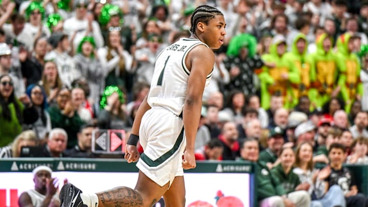 Michigan State's Jeremy Fears Jr. celebrates after an assist to Cam Ward against Ohio State during the second half on Sunday, Feb. 22, 2026, at the Breslin Center in East Lansing. Michigan State's Jeremy Fears Jr. celebrates after an assist to Cam Ward against Ohio State during the second half on Sunday, Feb. 22, 2026, at the Breslin Center in East Lansing.