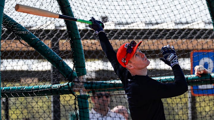 Detroit Tigers outfielder Mark Canha bats during spring training at TigerTown in Lakeland, Fla. on