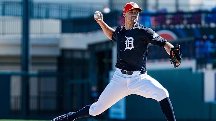 Detroit Tigers pitcher Jack Flaherty throws during spring training at Joker Marchant Stadium in Lakeland, Fla. 