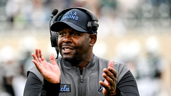 UCLA's interim head coach Tim Skipper celebrates after a Bruins touchdown against Michigan State during the third quarter on Saturday, Oct. 11, 2025, at Spartan Stadium in East Lansing. UCLA's interim head coach Tim Skipper celebrates after a Bruins touchdown against Michigan State during the third quarter on Saturday, Oct. 11, 2025, at Spartan Stadium in East Lansing.