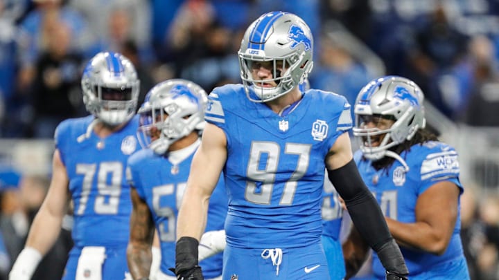 Lions defensive end Aidan Hutchinson warms up before the NFC divisional playoff game between the Lions and Buccaneers at Ford Field on Sunday, Jan, 21, 2024. Lions defensive end Aidan Hutchinson warms up before the NFC divisional playoff game between the Lions and Buccaneers at Ford Field on Sunday, Jan, 21, 2024.