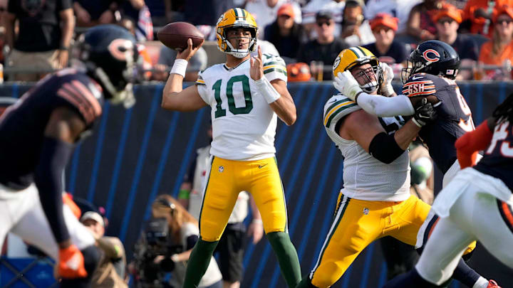 Green Bay Packers quarterback Jordan Love (10) during second quarter of their game against the Chicago Bears on Sunday, Sept. 10, 2023 at Soldier Field in Chicago.