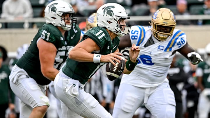 Michigan State's Alessio Milivojevic scrambles against UCLA during the third quarter on Saturday, Oct. 11, 2025, at Spartan Stadium in East Lansing. Michigan State's Alessio Milivojevic scrambles against UCLA during the third quarter on Saturday, Oct. 11, 2025, at Spartan Stadium in East Lansing.