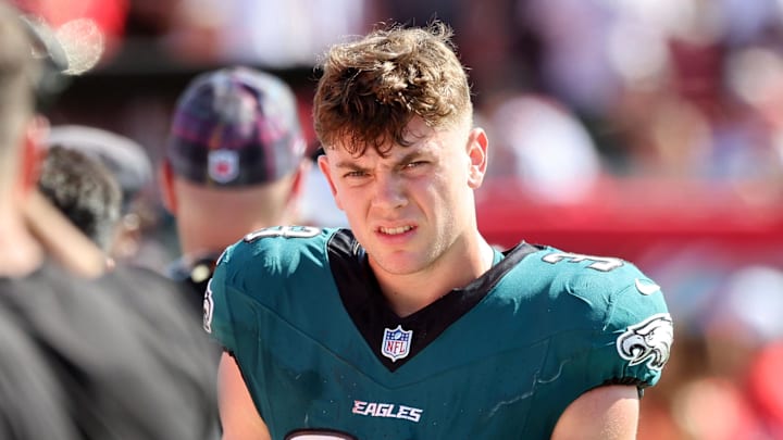 Sep 29, 2024; Tampa, Florida, USA; Philadelphia Eagles cornerback Cooper DeJean (33) looks on against the Tampa Bay Buccaneers during the second half at Raymond James Stadium. Mandatory Credit: Kim Klement Neitzel-Imagn Images Sep 29, 2024; Tampa, Florida, USA; Philadelphia Eagles cornerback Cooper DeJean (33) looks on against the Tampa Bay Buccaneers during the second half at Raymond James Stadium. Mandatory Credit: Kim Klement Neitzel-Imagn Images