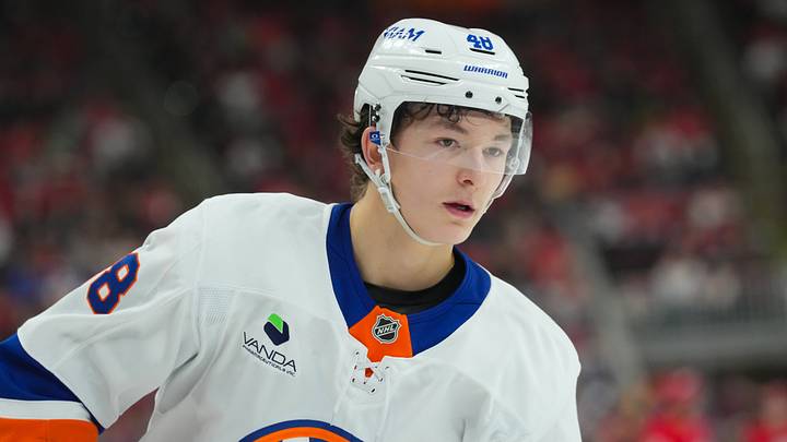 Oct 30, 2025; Raleigh, North Carolina, USA;  New York Islanders defenseman Matthew Schaefer (48) watches the play against the Carolina Hurricanes during the third period at Lenovo Center. Mandatory Credit: James Guillory-Imagn Images